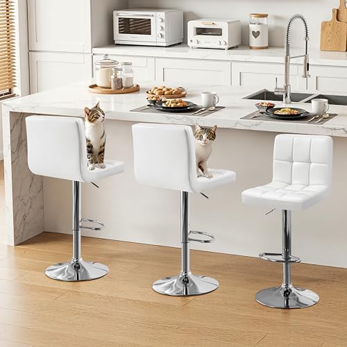 Image of Yaheetech Bar Stools Set of 3, Adjustable PU Leather Swivel Barstools, Modern Counter Stools with Back and Footrest, Counter Height Barstools for Bar, Kitchen, Dining Room, White
