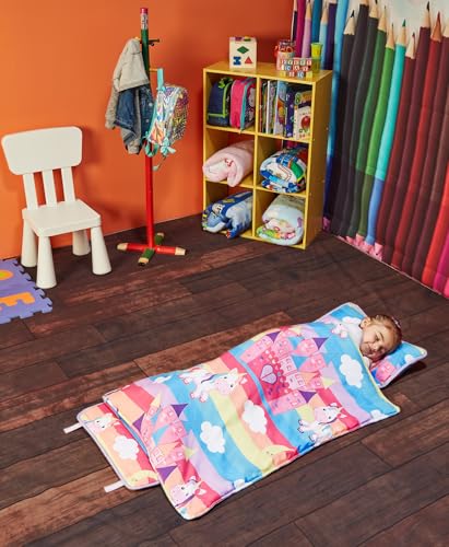 Image of EVERYDAY KIDS Nap Mat with Removable Pillow - Unicorn Dreams - Carry Handle with Straps Closure, Rollup Design, Soft Microfiber for Preschool, Daycare, Travel Sleeping Bag - Ages 3-6 Years