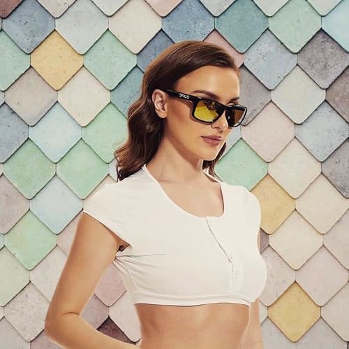 B.N.U.S Italy made Classic Sunglasses Corning Real Glass Polarized Lens Retro Square Shades Women and Men (B7066 Shiny Black/Yellow Flash, Glass Lens) - Thumbnail 4