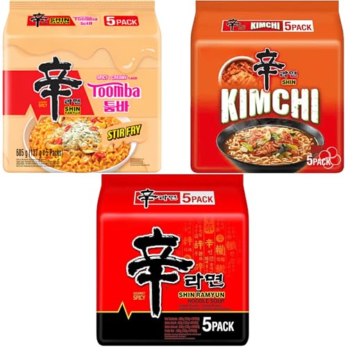 Nong shim Shin Ramyun Korean Noodles Variety Pack of 3 Flavours (15 Packs Total) Super Spicy Toomba Creamy Stir-Fry & Kimchi Ramen Instant Korean Ramen Noodles Multipack for Quick Meals & Snacks