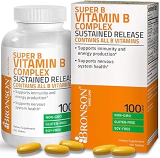 Bronson Super B Vitamin B Complex Sustained Slow Release (Vitamin B1, B2, B3, B6, B9 - Folic Acid, B12) Contains All B Vitamins 100 Tablets