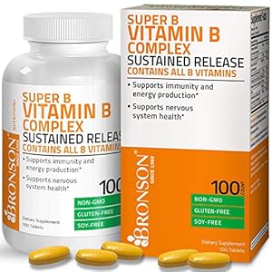 Bronson Super B Vitamin B Complex Sustained Slow Release (Vitamin B1, B2, B3, B6, B9 – Folic Acid, B12) Contains All B…