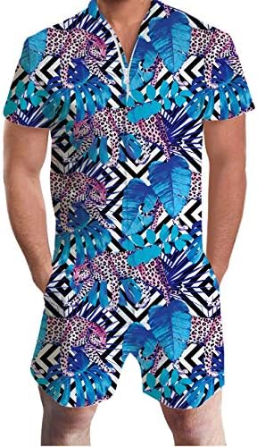 Idgreatim Men Leopard Graphic Jumpsuit Bust Pocket Short Sleeve 3D Graphic Rompers Overalls One Piece Outfits XL