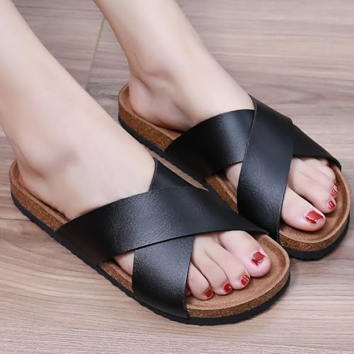 Image of Sandals Women Wide Width, Cork Footbed Arch Support Summer Beach Slide Sandals, Adjustable Strap for Wide Feet