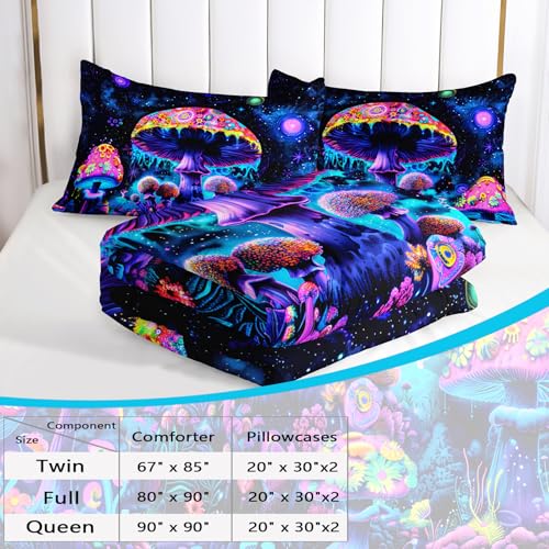 Image of AILONEN Cartoon Mushroom Comforter Set Queen Size, Black Starry Purple Magic Mushroom Bedding Set,3Pcs Plant Fungus Comforter with 2 Pillowcases