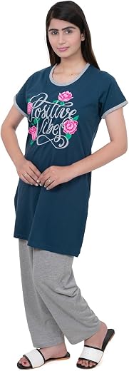 E-MAX Airforce Blue & Light Grey Cotton Night Suit for Women – Floral Print, Positive Vibes, Stylish and Comfortable Loung...