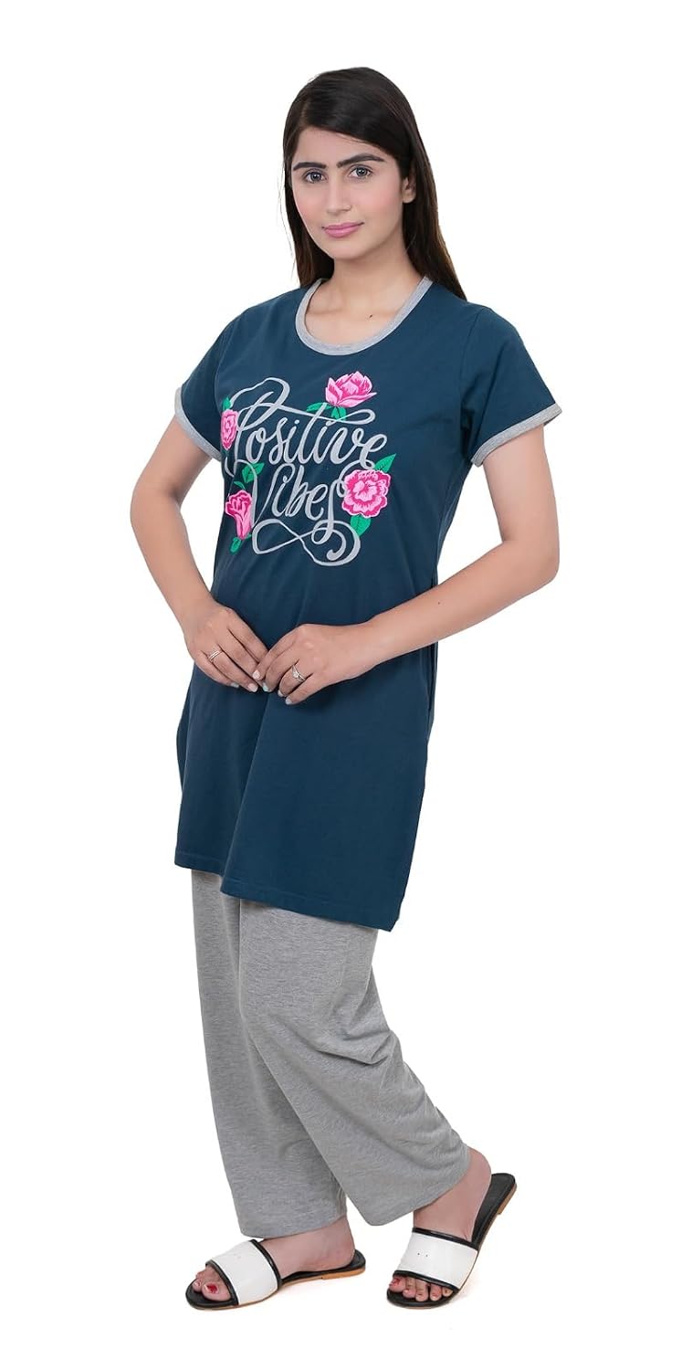 E-MAX Airforce Blue & Light Grey Cotton Night Suit for Women – Floral Print, Positive Vibes, Stylish and Comfortable Loung... - Review, Price and Buying Guide