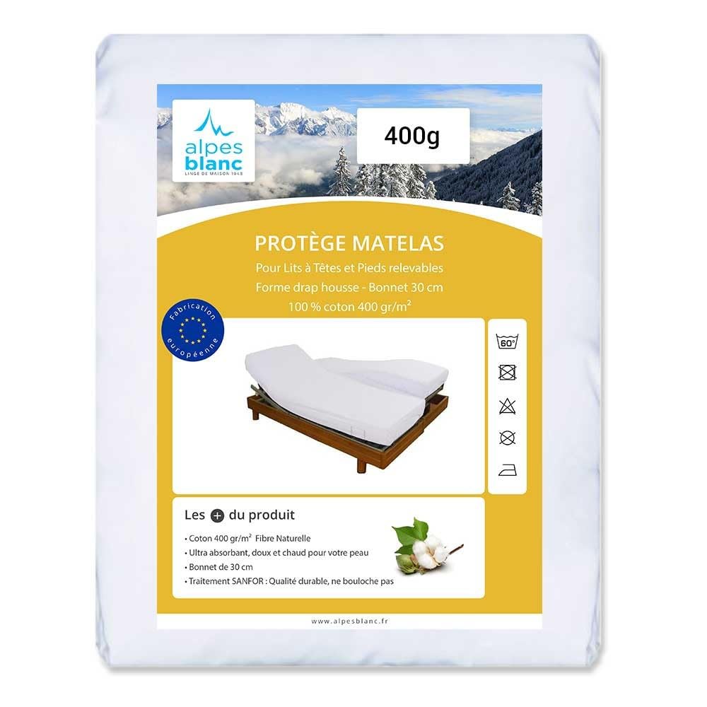 Alpes Biały Ochraniacz na materac 400gr/m² Anti-roztoczowe do łóżka Zagłówek i nóg podnoszonych - Wymiary - 2 x 70 x 190