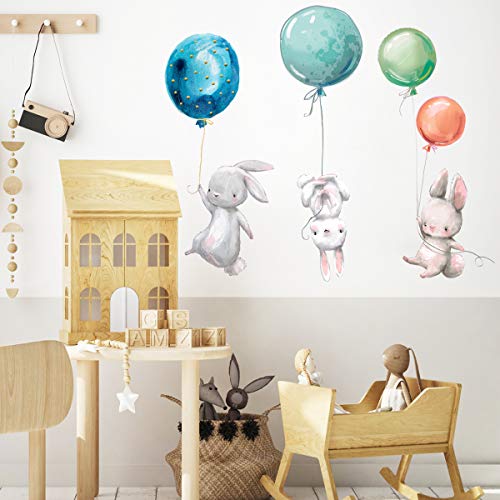 Creative Kids Wall Stickers Watercolor Nursery Wall Decals, Laszola Removable Peel And Stick Cartoon Animal Neutral Vinyl Wall Decoration For Baby Boy Girl Bedroom - Balloon And Bunny (Zsz1046) #TOP3