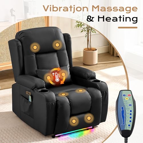 Image of URRED Recliner Chair with Massage and Heat, Power Reclining Sofa Chair Home Theater Seating with LED Ambient Light, USB Ports, Cup Holders, Side Pockets, Faux Leather (Black, Set of 1)