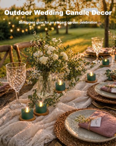 Image of Homemory 12-Pack Green Remote Flameless Battery Tea Light Candles, 400+ Hrs | 2 /4 /6 /8H Timer LED Flickering Tealight Votives for Christmas Trees, Holiday Greenery, Wedding Centerpieces and Floral Decor