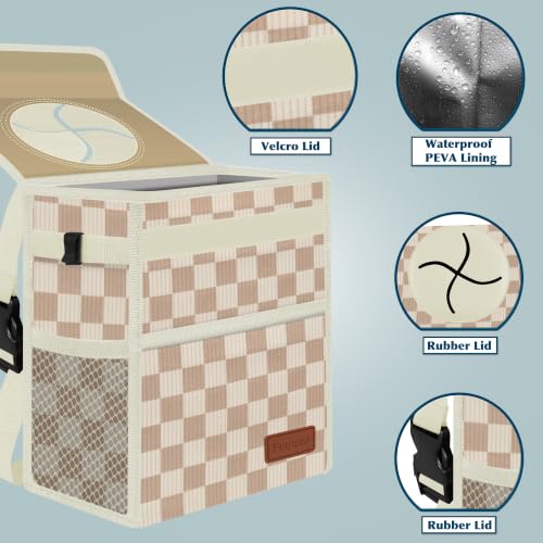 Image of Femuar Leak Proof Car Trash Can with Lid, Collapsible Hanging Waterproof Car Trash Bag with Mesh Pocket for SUV Front Seat Headrest, Beige Brown Plaid