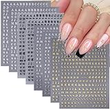 8 Sheets Letters English Alphabet Nail Stickers - 3D Self-Adhesive Gold Silver Black Initial Alphabet Nail Decals - DIY Nail Decoration