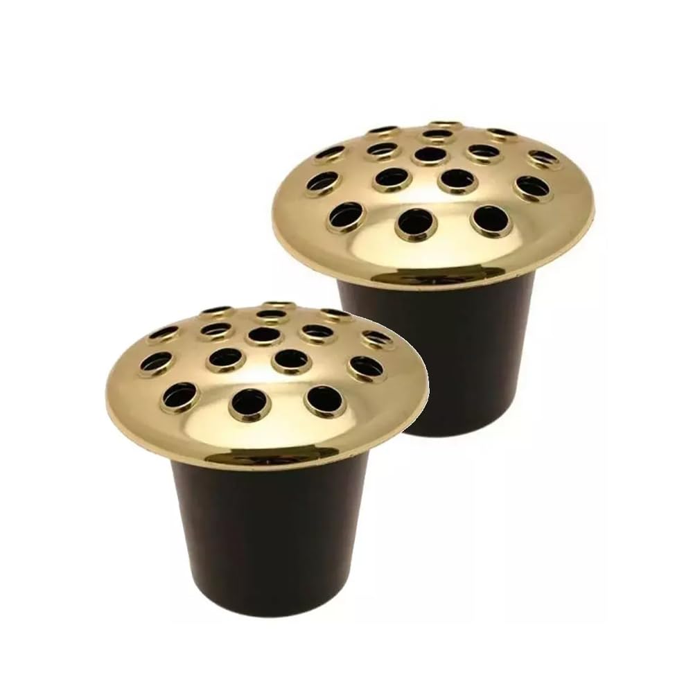 shopior Black Memorial Grave Vase with Gold Lid – Weatherproof Cemetery Flower Holder for Headstones & Graves | Durable Plastic Graveside Flower Vase for Fresh & Artificial Flowers (Gold - 2Pack)