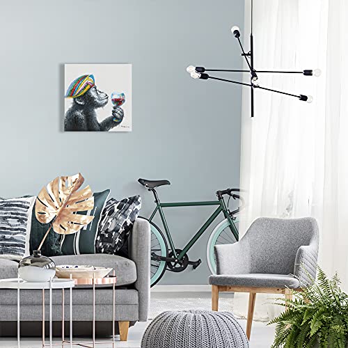 Yidepot Chimp Wine Canvas Wall Art: Handpainted Monkey Decor Wearing Colorful Funky Hat Hanging Wine Glass Painting For Boys' Bedroom Framed Ready To Hang (12"X12"X1 Panel) #TOP4