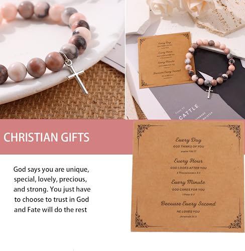 FIRAZIO 8Pcs Christian Gifts for Women Men, Inspirational Gifts Natural Stone Cross Bracelet with Bible Verse Prayers Card Religious Gifts for Women Friends2