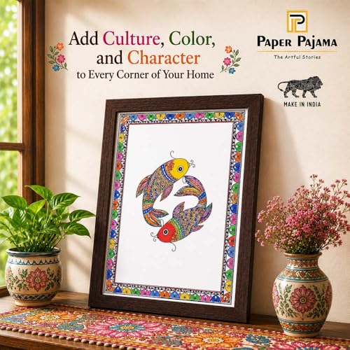 Image of PAPER PAJAMA Koi Moi Fish Pair Wall Art for Living Room | Madhubani Fish Painting | Traditional Mithila Folk Art Aquatic Artwork Framed Decor for Home, Office & Bedroom (10x13 Inches)