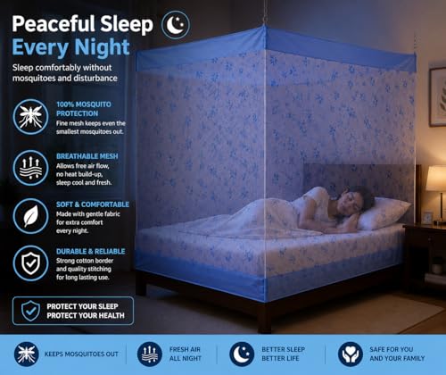 Image of ANS Single Bed Mosquito Net for Bed Floral Print with Cotton Border, Breathable Free Air Flow Mesh, Hanging Mosquito Net for Single Bed, 3.5 x 6.5 ft, Height 5 ft, Blue Floral