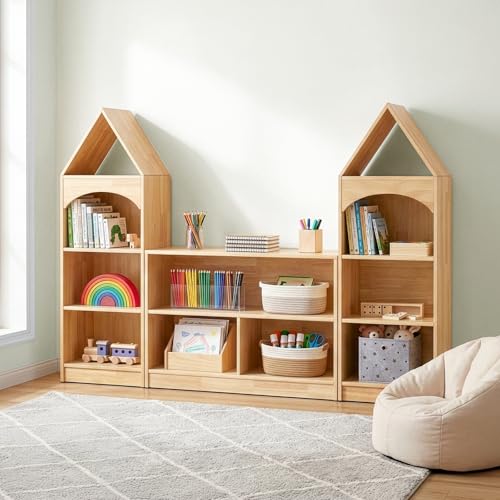 Image of OOOK Rubber Wood 3-Compartment Wooden Storage Cabinet, 35.4 inch L, 2-Tier Toy Organizers and Storage, Montessori Shelf for Kids Room, Playroom, Nursery, Classroom, Kindergarten
