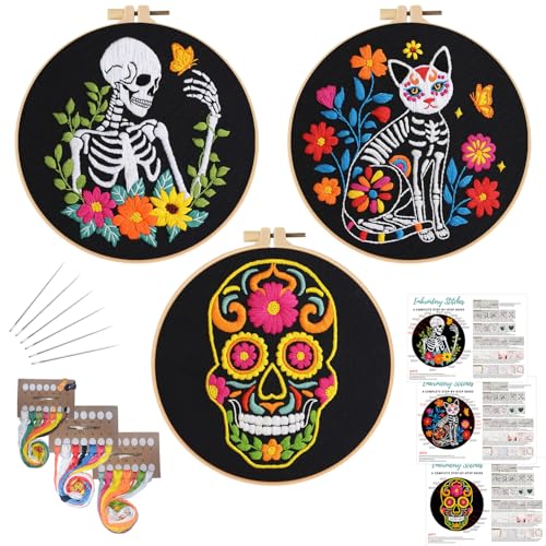 Image of Louise Maelys 3 Sets Halloween Embroidery Kits for Beginners,Cross Stitch Kit for Adults,DIY Starters Needlepoint with Skull Flowers Pattern,Including Instruction