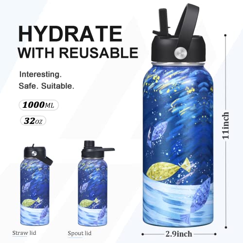 Werewolves 32Oz Personalized Insulated Water Bottle With Straw & Spout Lid, Stainless Steel Metal Bottles, Vacuum Leak Proof Wide Mouth Bottles For Adults (Marine Fish Stocks-Without Handle, 32Oz) #TOP1