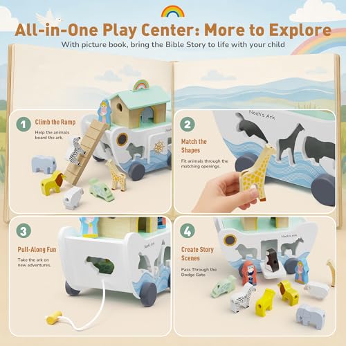 GiggleGems Noah's Ark Wooden Toy - All-in-1 Push Pull Shape Sorter for Toddlers - Montessori Animal Matching Set - Baptism Christening Gift for Birthday, Religious Toys for Boys Girls (18M+) — view 5