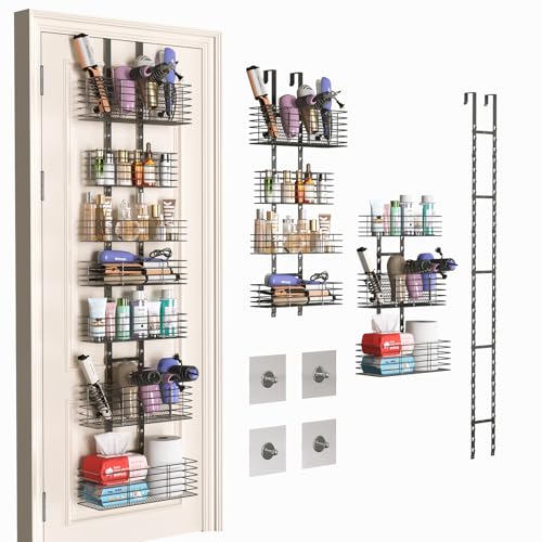 7-Tier Over The Door Bathroom Organizer, Shower Caddy Hanging &Wall Mounted Hair Tool Organizer/Hair Dryer Holder, Adjustable Bathroom Shelves Behind Door Storage for Bathroom Bedroom Closet Cabinet