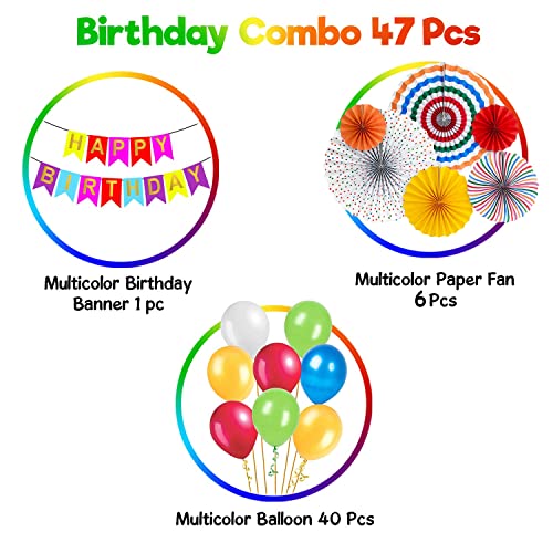 Image of Party Propz Multicolour Balloons for Birthday Decoration -set of 47Pcs Multicolour Balloons for Decoration | Metallic Balloons Multicolour | Happy Birthday Banner(cardstock) | Paper Fan Decoration Set