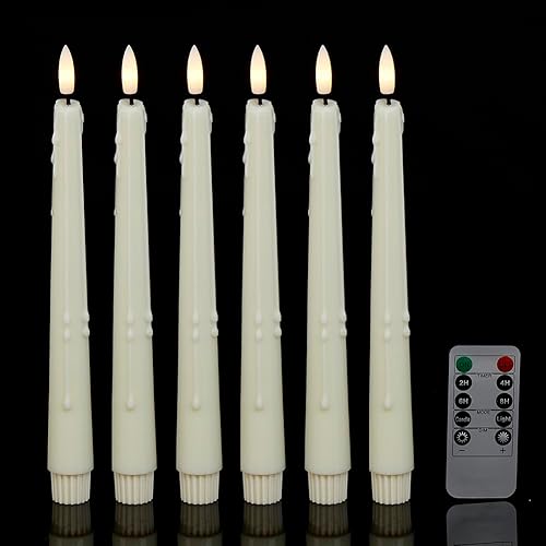 Loliow Velas cónicas que gotean a pilas, juego de 6 velas sin llama parpadeantes de 0.87 pulgadas de alto, 9.5 pulgadas, con control remoto,