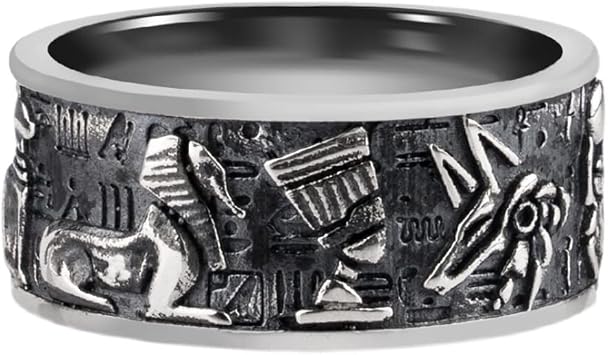 Black 925 Sterling Silver Egyptian Ring Band Embossed Eye of Horus Anubis Sphinx Ankh Cross Scarab Pharaoh Sun for Men Women Size 8-13