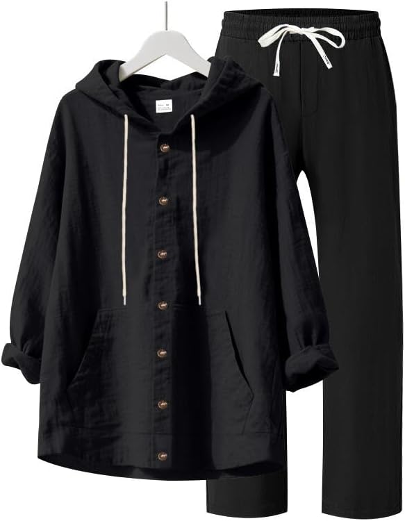 Men's 2 Pieces Cotton Linen Set Casual Long Sleeve Henley Shirts Beach Yoga Pants Summer Outfits - Image 7