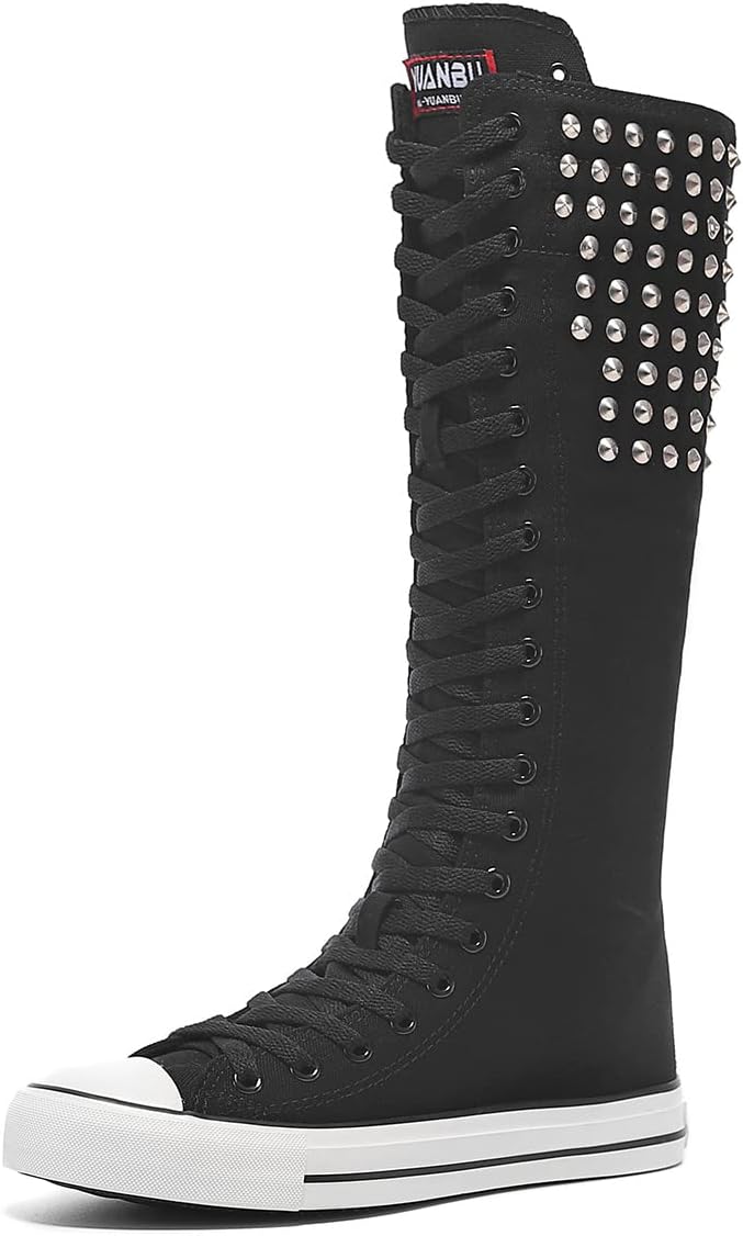 Momuk Women's Knee High Lace Up Sneakers Side Zip Canvas Shoes Fashion Dancing Mid Calf Boots - Image 2