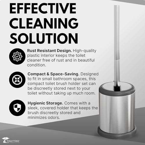 Image of ToiletTree Products Toilet Brush with Lid - Sleek Toilet Bowl Brush and Holder - Toilet Scrubber Brush Set with Heavy-Weight Base - Lidded Toilet Bowl Cleaner Brush and Holder - Chrome (2 Pack)