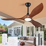 Ceversa 52 Inch Solid Wood Outdoor Ceiling Fans with Lights and Remote,3 Blade Modern Ceiling Fan with Wall Control Switch,Dimmable,Quiet Noiseless DC Motor for Patios,Farmhouse,Living Room,Bedroom