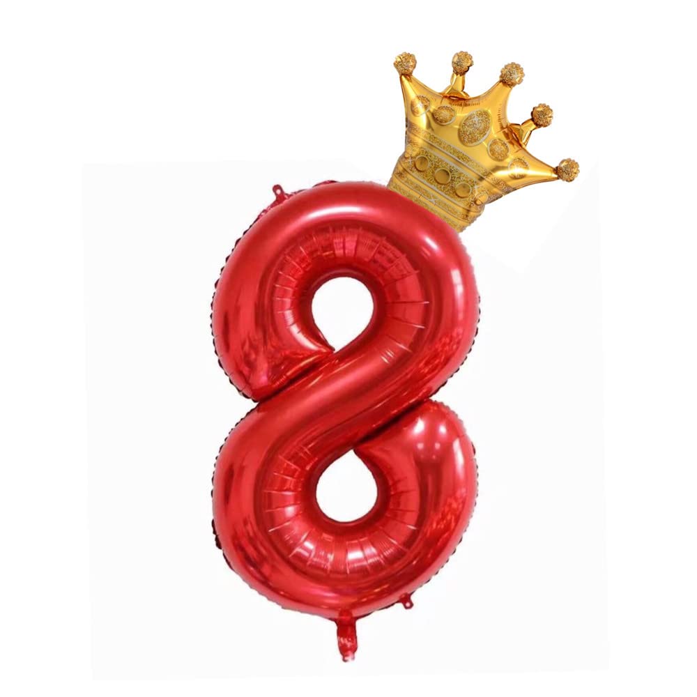 40 inch Red Crown Number 8 Balloon ，Giant Large Aluminum Film Number Balloon ，8th Birthday Decoration Balloons ，Children's Birthday Party Baby Shower