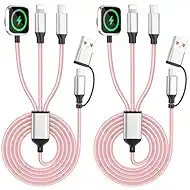 Travel Cruise Essentials,3 in 2 Multi Charging Cable for iWatch Charger/IP/USB C,Pink 2-Pack 5FT Braided USB A/C Cable Designed for Multiple Devices,Car Accessories for iWatch Ultra/SE & iPhone 17-11