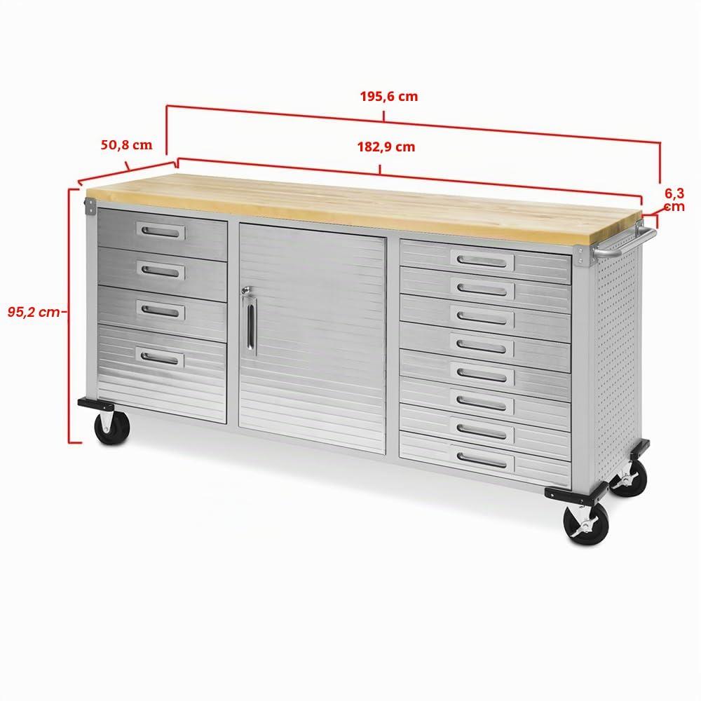 Seville Classics UHD20242 Banco de Trabajo 12 Cajones 182,9 x 50,8 x 95,2 cm Gris