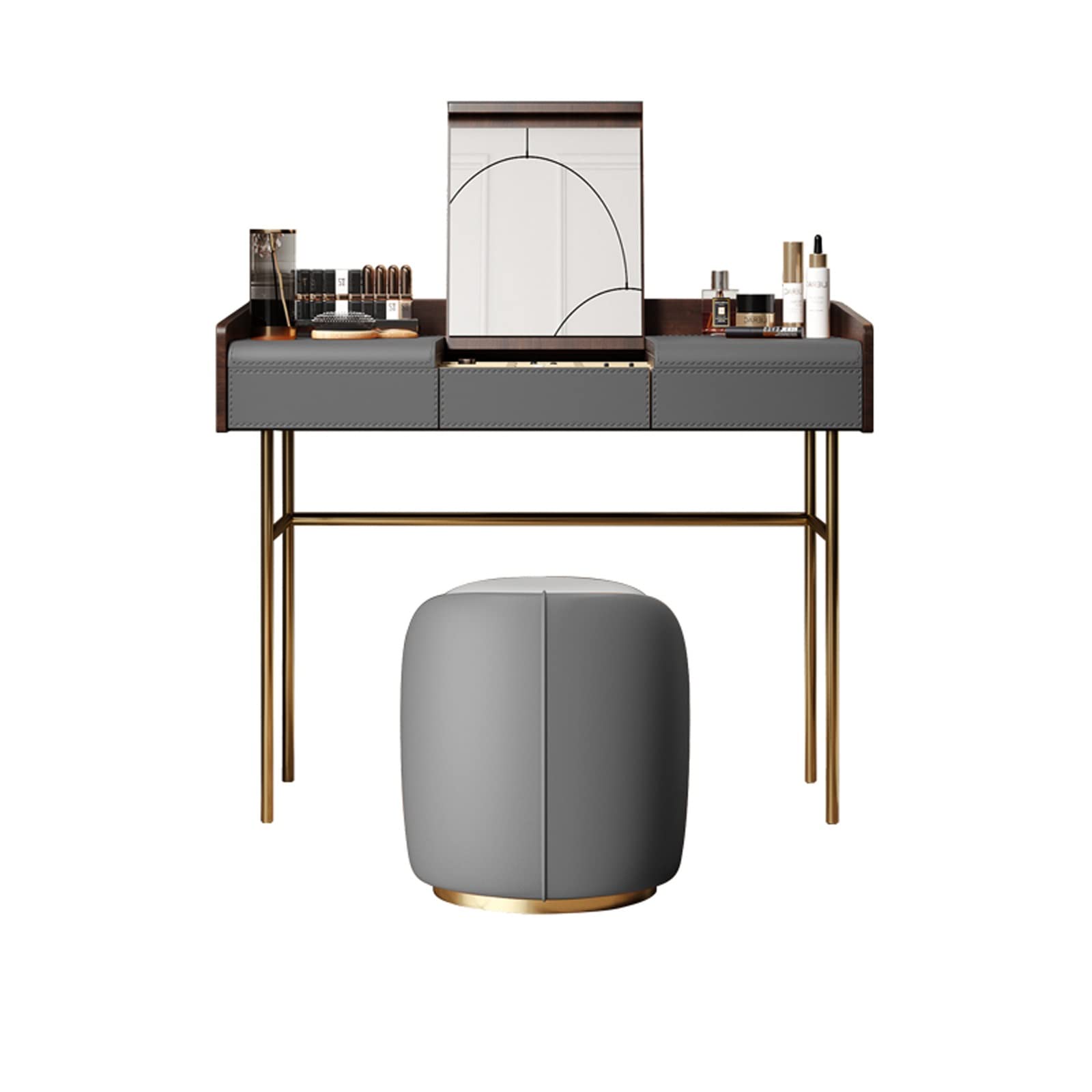 CGCSYZ Vanity Desk Dresser Flip Top Leather High-grade Wood Bedroom Makeup Table Makeup Stool Orange Gray Hidden Makeup Mirror Dresser Makeup Dressing Table (Gris 80)
