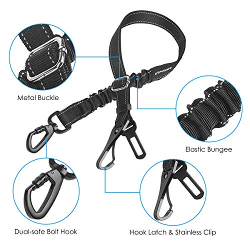 URPOWER 3-in-1 Dog Seat Belt for Car, 2 Pack Adjustable Bungee Dog Car Harness with Seatbelt Buckle & Latch Hook, Reflective & 360° Swivel Heavy Duty Pet Safety Belts for Dogs and Cats