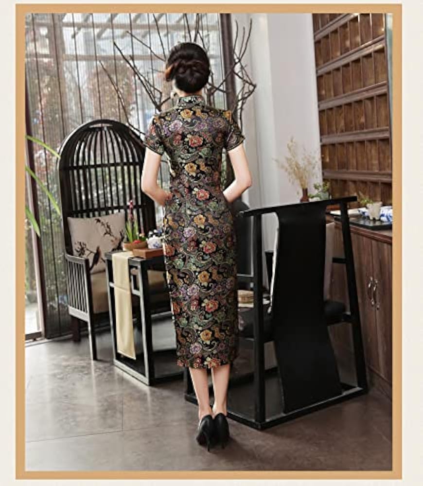 Amazon | [TRTRO] 刺繍花柄 チャイナドレス サテン ロング