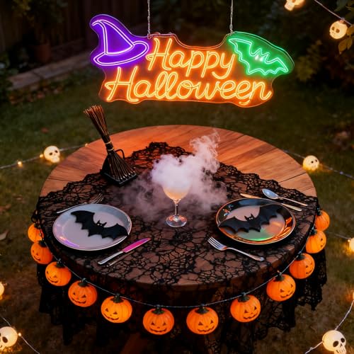 Image of Custom Happy Halloween LED Lights, Personalized Halloween Bat Neon Signs for Wall, Window, Room, Home, Party, Battery Operated or USB. RGB for Indoor, Business