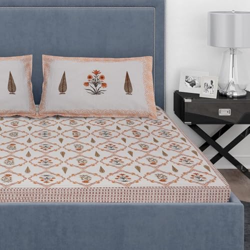 Image of Authentic Bagru Handmade 100% Cotton King Size Bedsheet, 220 TC Double Bed with 2 Pillow Covers. The bedsheet Measures 108 X 108 inches Orange