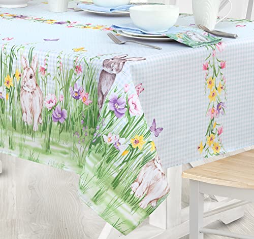 Newbridge Easter Bunny Meadow Fabric Bordered Tablecloth - Blue Gingham Bunny Rabbit Wrinkle And Stain Resistant Checkered Fabric Spring Tablecloth, 60” X 84” Oval #TOP7