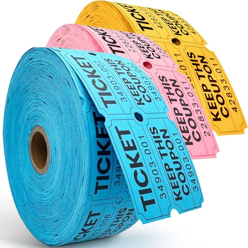 6000 Pcs (3000 Pairs) Raffle Tickets Double Roll, 50/50 Blue/Pink/Yellow Raffle Tickets for Events, Entry, Carnivals, Fundraisers, Classroom Rewards, and Prizes - Premium Quality by PM Company