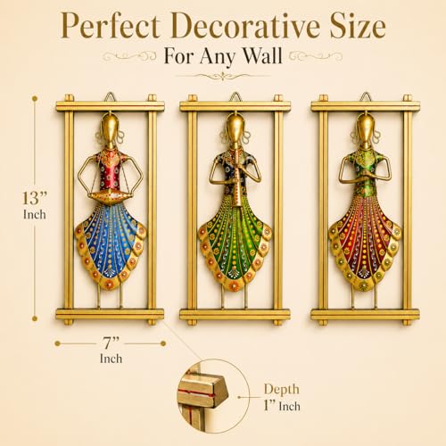 Image of iHandikart Handmade Metal Wall Art Set of 3 for Home Decor | Traditional Rajasthani Lady Musician & Folk Art Wall Hanging | Hand-Painted Iron Wall Art | Living Room & Bedroom Decor | 13 x 7 Inch Each