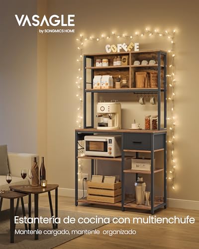 VASAGLE Estantería de Cocina con Multienchufe, Armario de Cocina, 40 x 100 x 180,4 cm, Estante de Microondas, Cajón de Tela, 12 Ganchos, Marrón Rústico y Negro Tinta KKS027K02 - imagen 4