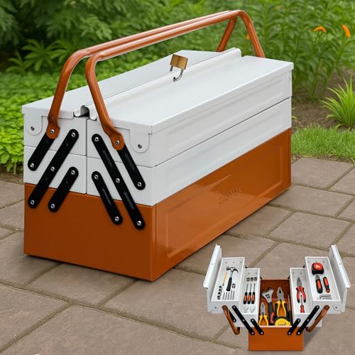Image of Plantex Tool Box Empty /18 inch Metal Tool Organizer 5- Compartments Metal Tool Boxs /Empty Tool Boxs /Tools Organizer Box - (Brown & Ivory)