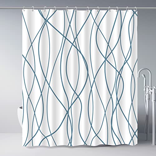 Punkray Navy Blue Shower Curtain For Bathroom With Hooks, Extra Long Shower Curtain Set Stripe Bath Curtains Decor White Shower Curtains Weighted Hem Water Repellent Washable, 72X72 #TOP5