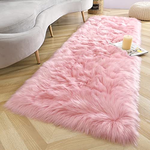 LOCHAS Ultra Soft Fluffy Faux Fur Sheepskin Area Washable Floor Carpets (Pink, 2x5ft)