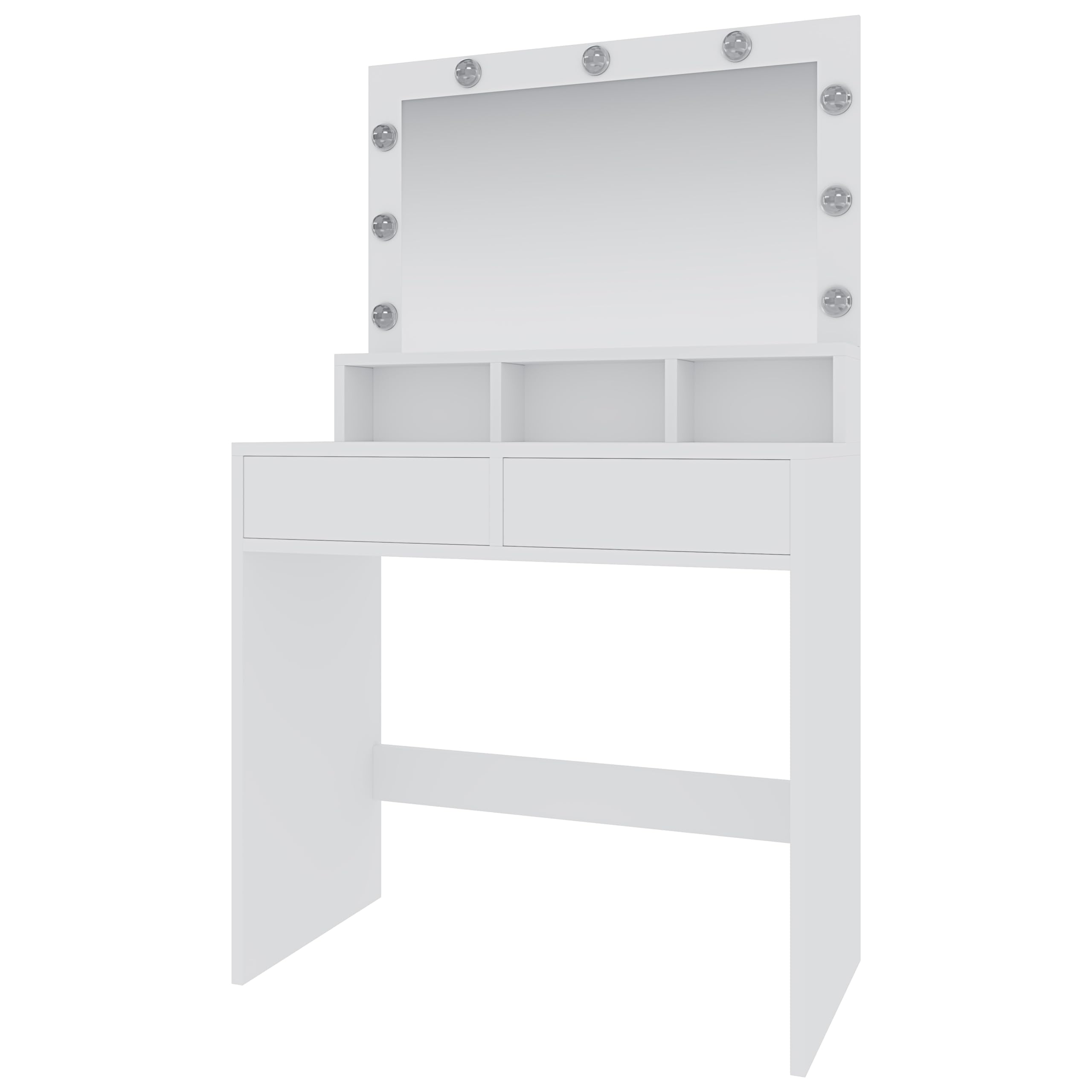 Toeletta Tavolino Da Trucco Tavolo Con 9 Luci LED Con Luminosità Regolabile 2 Cassetti 3 Scomparti A Giorno Specchio Orizzontale Postazione Make Up In Legno Design Moderno 40 x 80 x 140 Cm Bianco